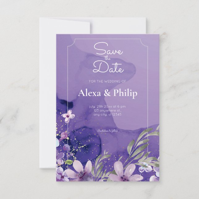 Invitation Mariage d'aquarelle de fleurs violettes (Devant)