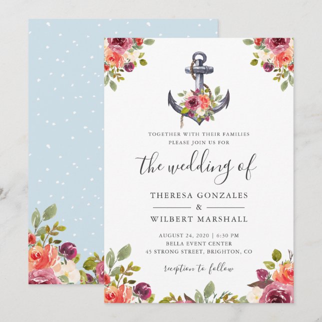 Invitation Mariage d'aquarelle de la Ancre florale marine (Devant / Derrière)
