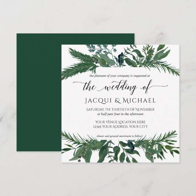 Invitation Mariage d'aquarelle de la couronne de feuillage fo (Devant / Derrière)
