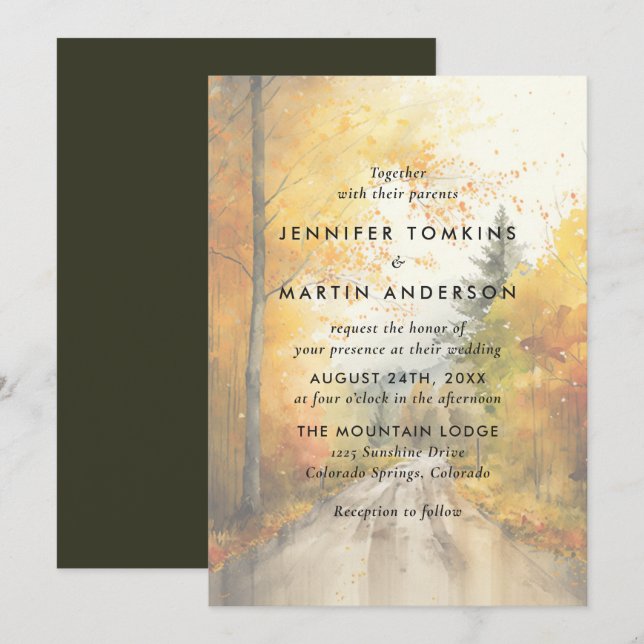 Invitation Mariage d'aquarelle de la forêt d'automne d'automn (Devant / Derrière)