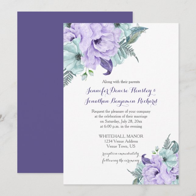 Invitation Mariage d'aquarelle de la Monnaie pourpre de lavan (Devant / Derrière)