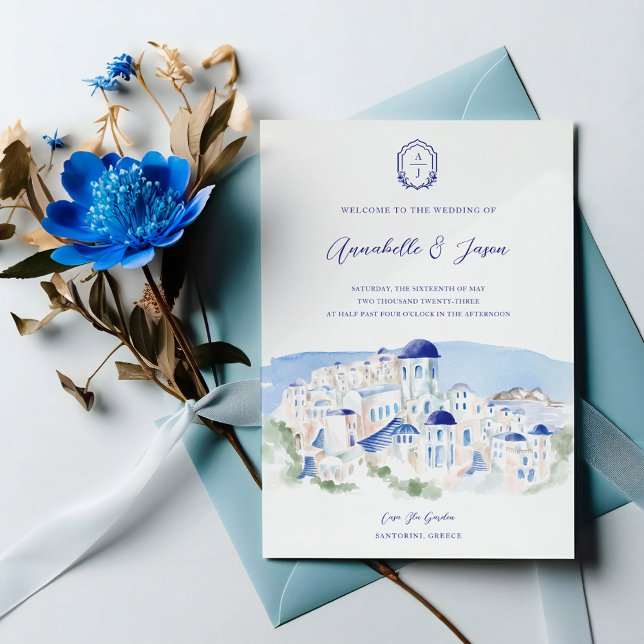 Invitation Mariage d'aquarelle de l'architecture de Santorin  (Santorini Greece Architecture Watercolor Wedding Invitation)