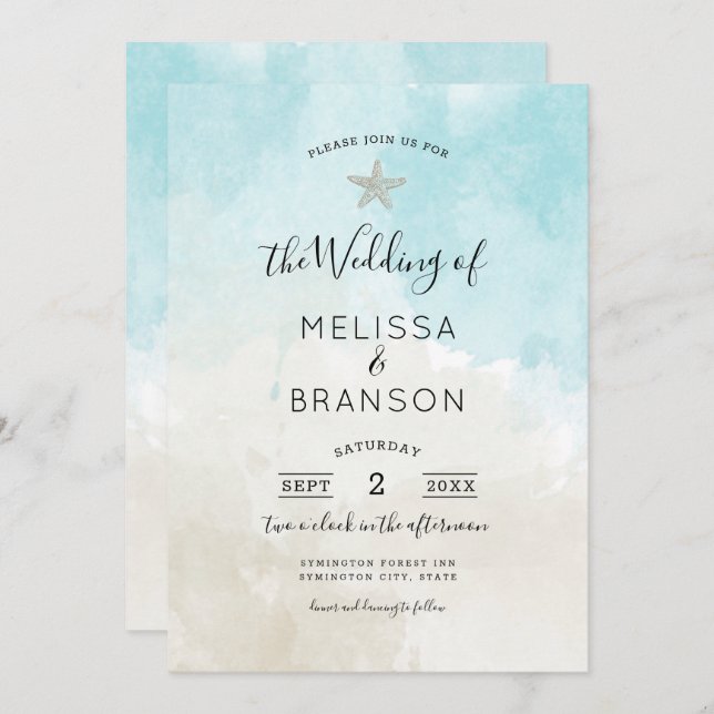 Invitation Mariage d'aquarelle de plage Starfish (Devant / Derrière)