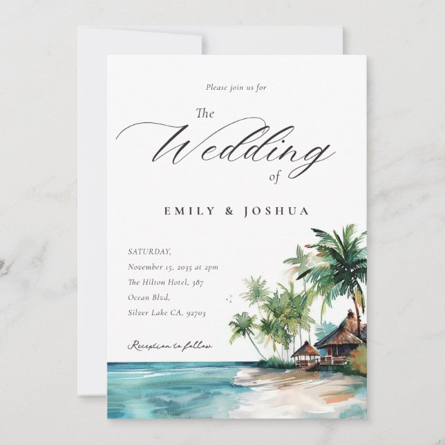 Invitation Mariage d'aquarelle de plage Tropical (Devant)