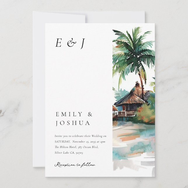 Invitation Mariage d'aquarelle de plage Tropical (Devant)
