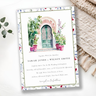 Invitation Mariage d'aquarelle de porte marocaine tropicale