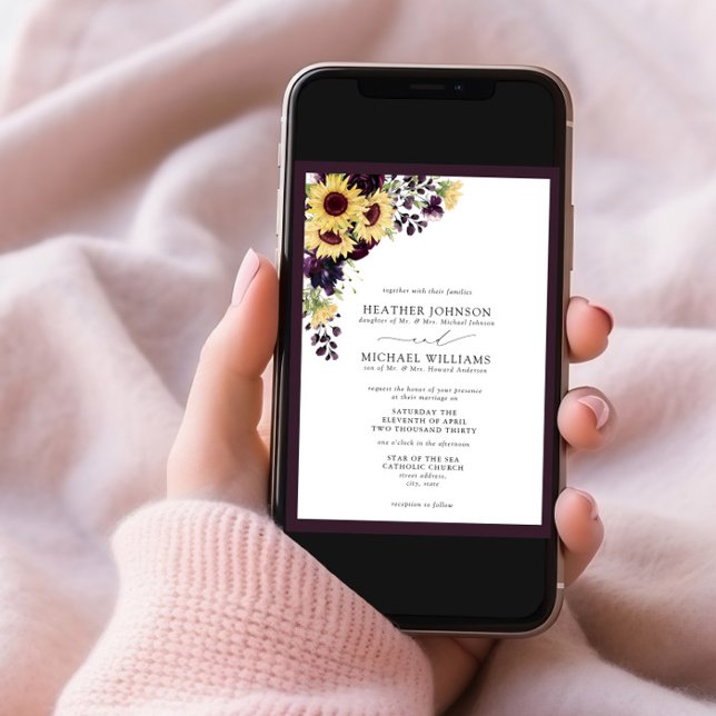 Invitation Mariage d'aquarelle de tournesol violet de prune (Créateur téléchargé)