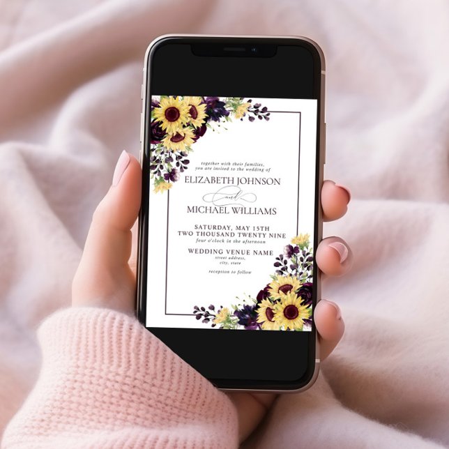 Invitation Mariage d'aquarelle de tournesol violet de prune (Créateur téléchargé)