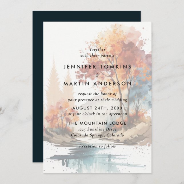 Invitation Mariage d'aquarelle des arbres automnes (Devant / Derrière)