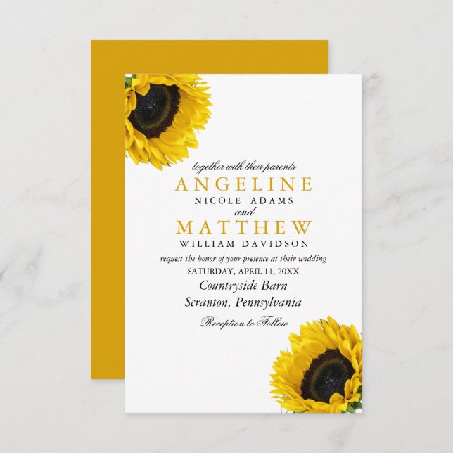Invitation Mariage d'aquarelle élégant à fleurs de soleil (Devant / Derrière)