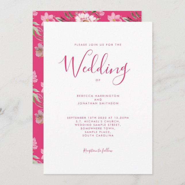 Invitation Mariage d'aquarelle élégant rose chaud (Devant / Derrière)