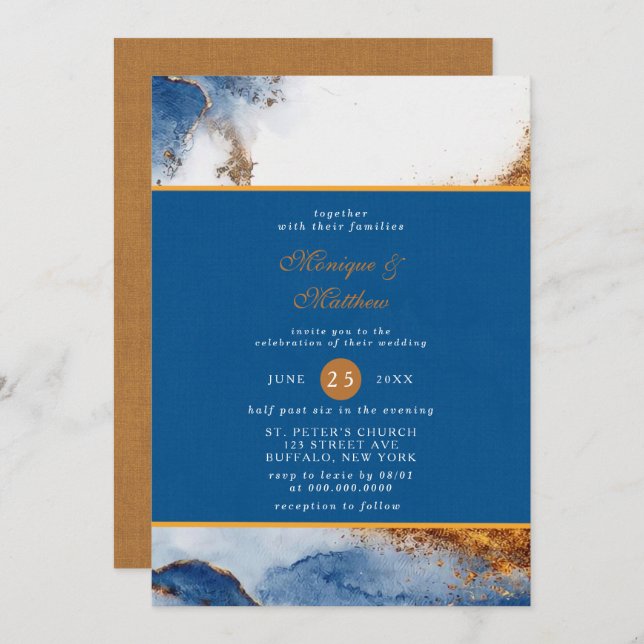 Invitation Mariage d'aquarelle en cuivre rouille bleu (Devant / Derrière)