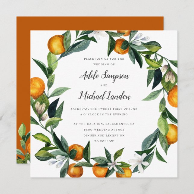 Invitation Mariage d'aquarelle en fer Tangerine Citrus (Devant / Derrière)