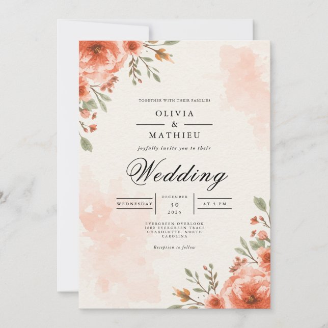 Invitation Mariage d'aquarelle en fleur de corail (Devant)