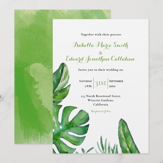 Invitation Mariage d'aquarelle Feuille de Monstera verte trop (Devant / Derrière)