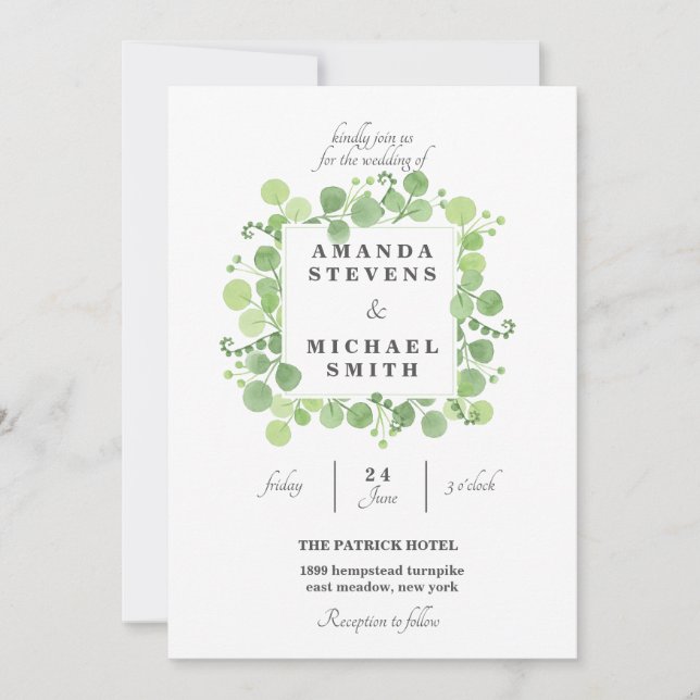 Invitation Mariage d'aquarelle feuille de verdure (Devant)