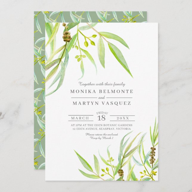 Invitation Mariage d'aquarelle feuille Eucalyptus (Devant / Derrière)