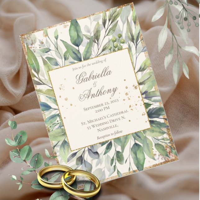 Invitation Mariage d'aquarelle Feuille Rustique Gold Greenery (Créateur téléchargé)