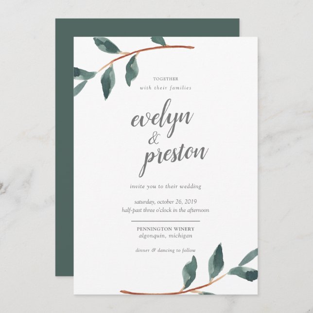 Invitation Mariage d'aquarelle Feuille simple (Devant / Derrière)