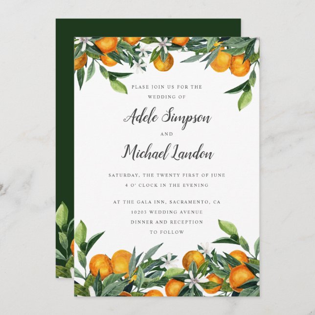 Invitation Mariage d'aquarelle feuille Tangerine Citrus (Devant / Derrière)