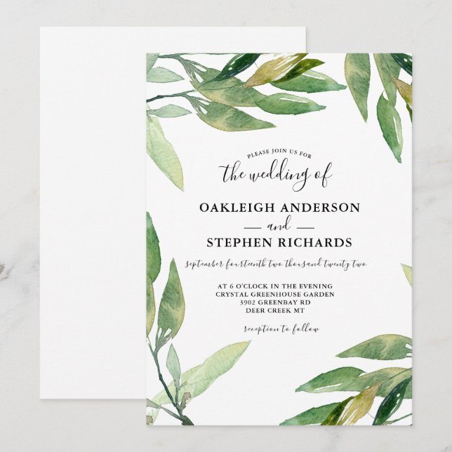Invitation Mariage d'aquarelle Feuille vert botanique (Devant / Derrière)