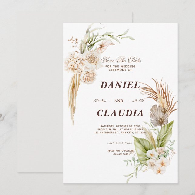 Invitation Mariage D'Aquarelle Fleur Brown Et Crème (Devant / Derrière)