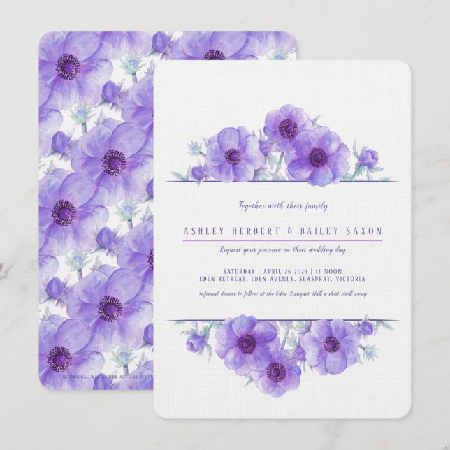 Invitation Mariage d'aquarelle fleurie d'anémone violet (Devant / Derrière)