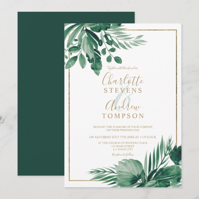 Invitation Mariage d'aquarelle fleurie de palme tropicale (Devant / Derrière)