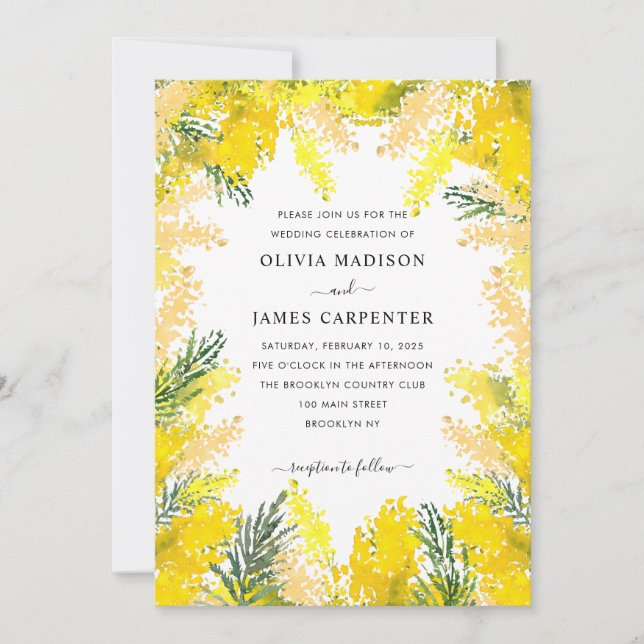 Invitation Mariage d'aquarelle fleurie rustique Jaune (Devant)