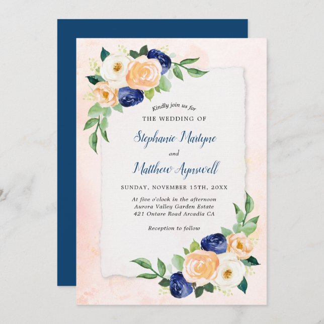 Invitation Mariage d'aquarelle Floral bleu moderne (Devant / Derrière)