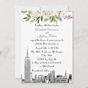 Invitation Mariage d'aquarelle florale blanche NYC Skyline ES