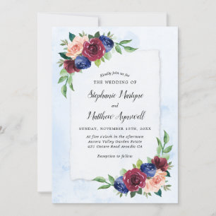 Invitation Mariage d'aquarelle florale bleu bordeaux bleu mar
