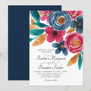 Invitation Mariage d'aquarelle florale bleu Bourgogne
