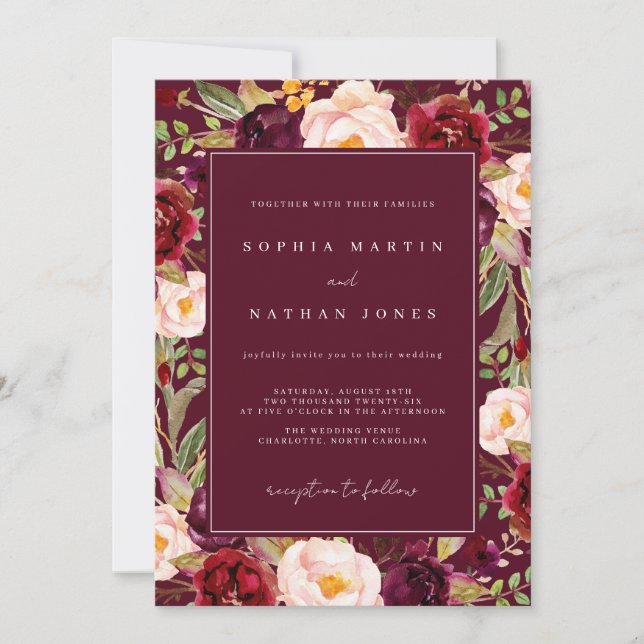 Invitation Mariage d'aquarelle florale bordeaux (Devant)