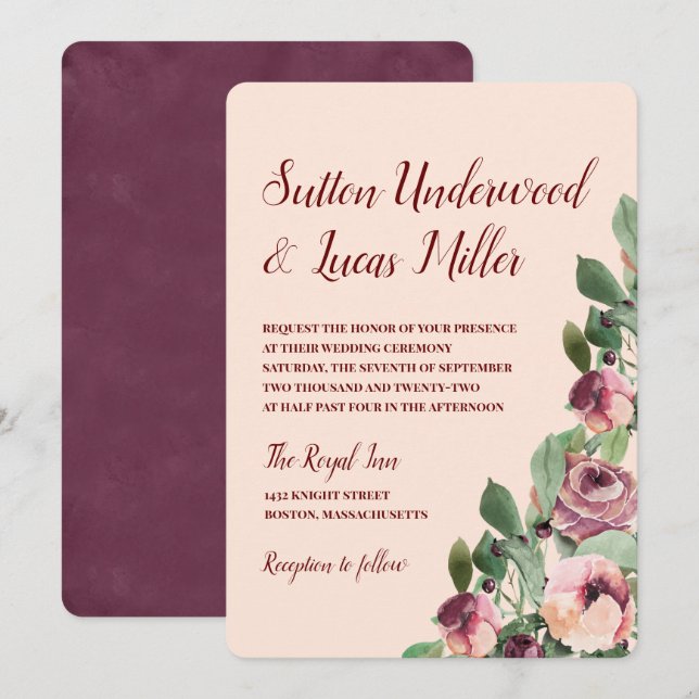 Invitation Mariage d'aquarelle florale de Bourgogne et de Pêc (Devant / Derrière)
