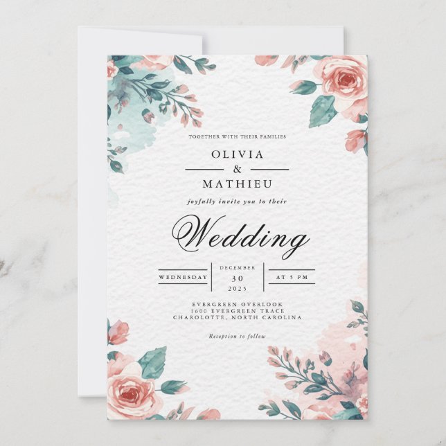 Invitation Mariage d'aquarelle florale de corail doux (Devant)