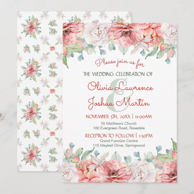 Invitation Mariage d'aquarelle florale de corail rose vif mod (Devant / Derrière)
