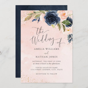 Invitation Mariage d'aquarelle florale de la Gold Navy