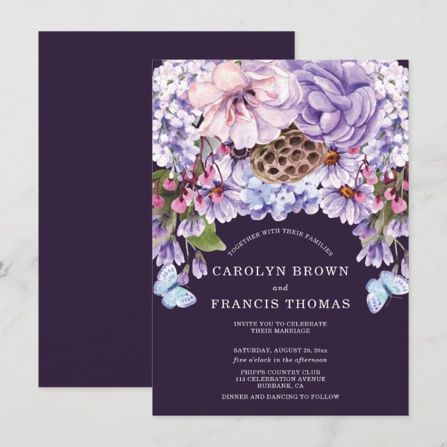 Invitation Mariage d'aquarelle florale de prune violette (Devant / Derrière)