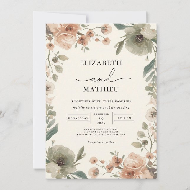 Invitation Mariage d'aquarelle florale Dusty Rose (Devant)