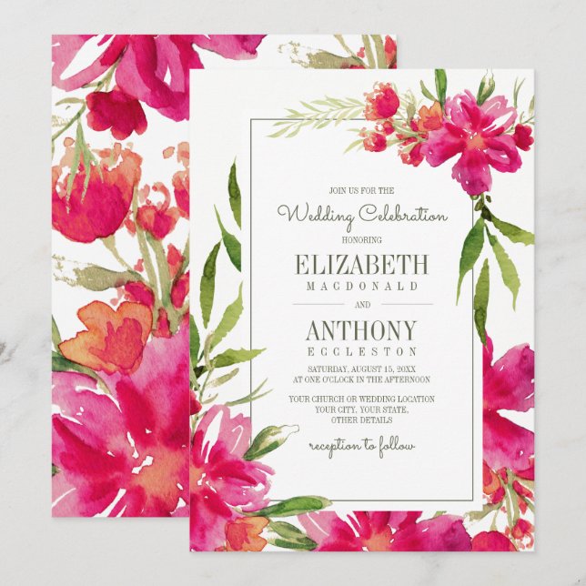 Invitation Mariage d'aquarelle florale Fuchsia vert romantiqu (Devant / Derrière)