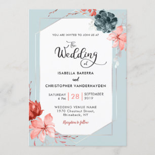 Invitation Mariage d'aquarelle florale gris argent du corail