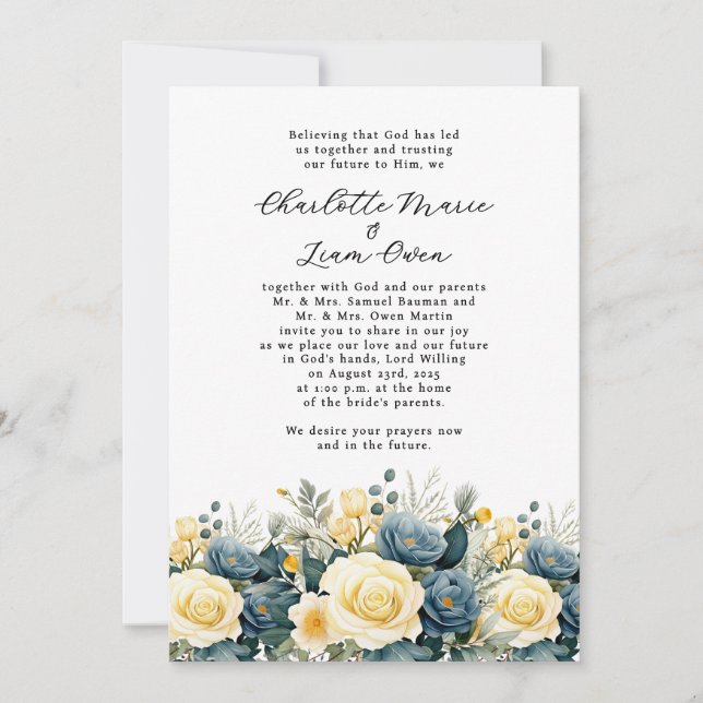 Invitation Mariage d'aquarelle florale jaune de la marine mod (Devant)