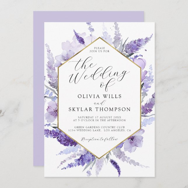 Invitation Mariage d'aquarelle florale Lavender Gold Frame (Devant / Derrière)