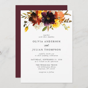 Invitation Mariage d'aquarelle florale Maroon & Orange Fall I