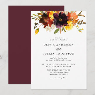 Invitation Mariage d'aquarelle florale Maroon & Orange Fall I