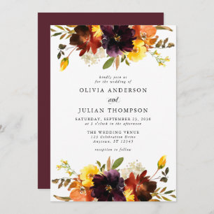 Invitation Mariage d'aquarelle florale Maroon & Orange Fall I