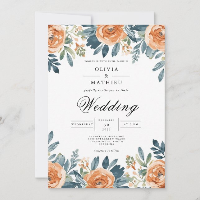 Invitation Mariage d'aquarelle Florale Orange Brûlé (Devant)