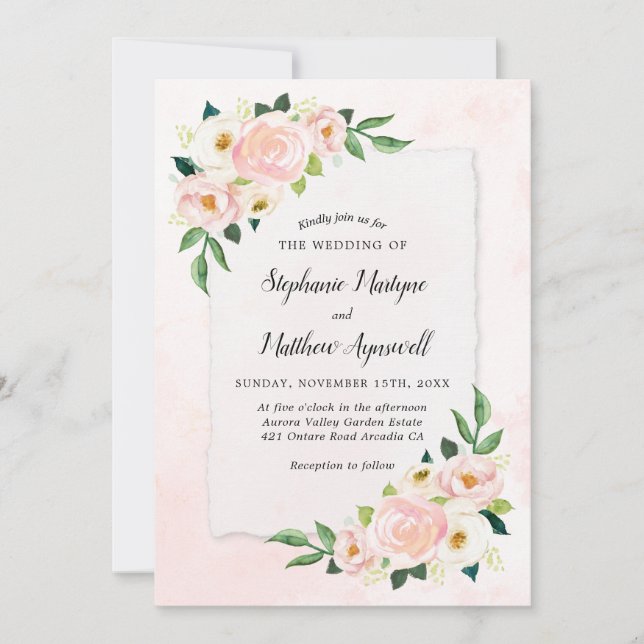 Invitation Mariage d'aquarelle florale rose pâle moderne (Devant)