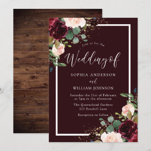 Invitation Mariage d'aquarelle florale rouge et bleu Bourgogn